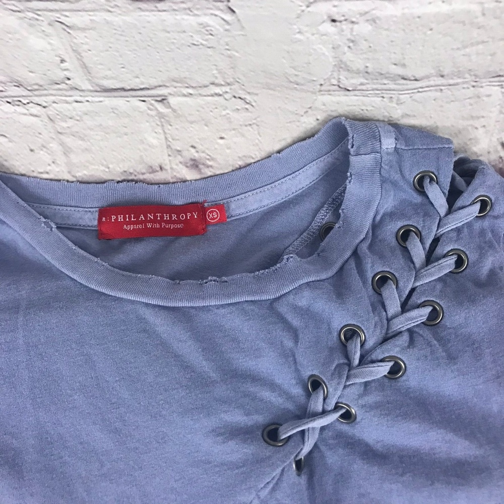Philanthropy Short Sleeve Lace Up Shoulder T-shirt - Picture 2 of 6